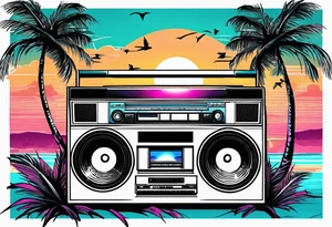 1980'S BOOM BOX MIAMI VICE STYLE, BEACH SUNSET, PALM TREES, MUSIC NOTES tattoo idea