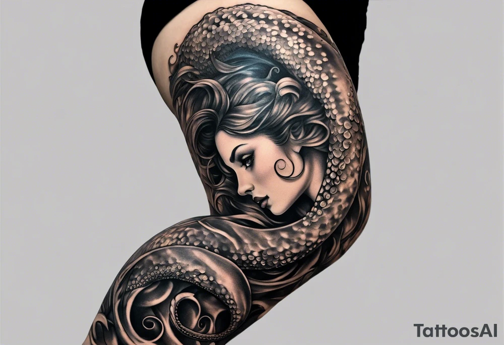 Octopus looking up longingly at a mermaid in the ocean wrap around entire bottom of leg. tattoo idea