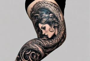 Octopus looking up longingly at a mermaid in the ocean wrap around entire bottom of leg. tattoo idea
