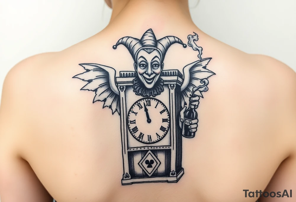 jack in the box
the box as a clock with the time 420
two open wings besides the clock
smoke as the spring
a jester clown coming out the smoke
smoking in one hand with a liquor bottle on the other hand tattoo idea