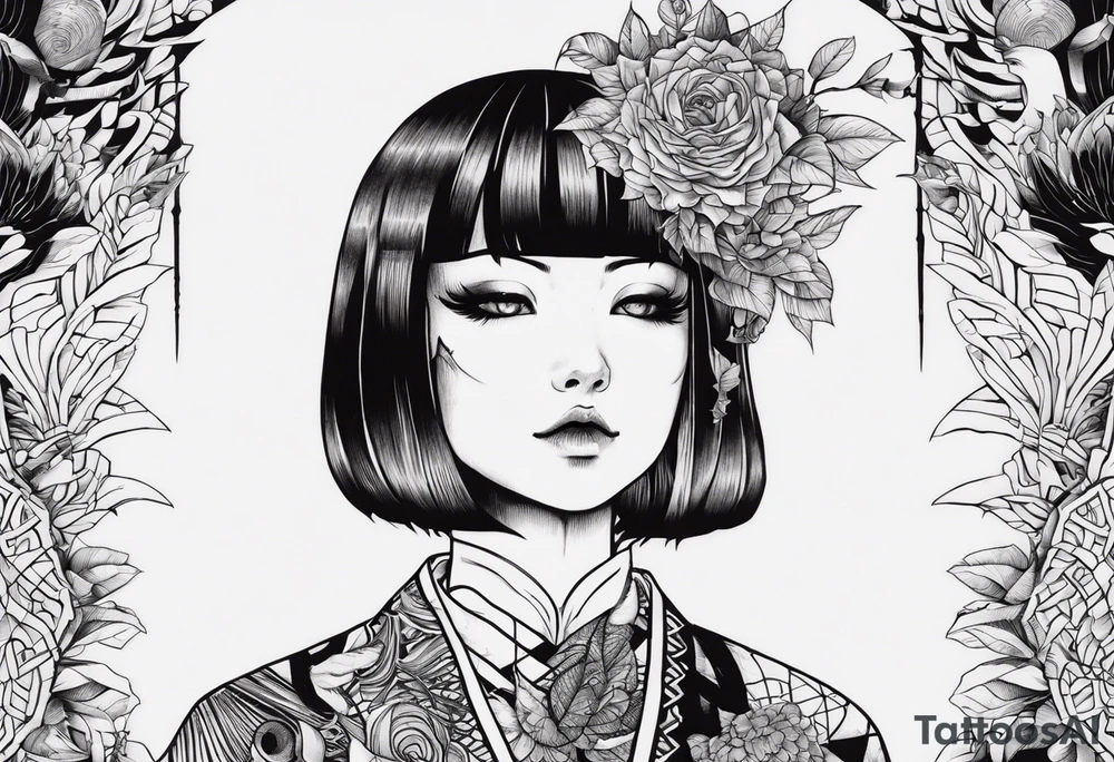 Une image style tattoo du personnage Tomie de Junji ito avec des détails lié a son univers sur les cotés comme des spira tattoo idea