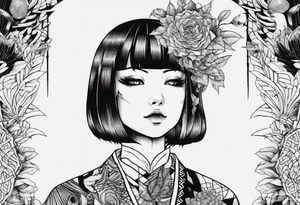 Une image style tattoo du personnage Tomie de Junji ito avec des détails lié a son univers sur les cotés comme des spira tattoo idea