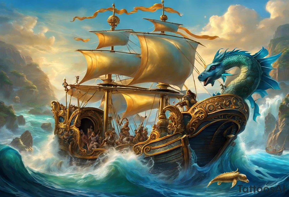 the tatto will be large in the middle there are sea horses guiding neptunes chariot they are the mythical beast castor and phalox, on the upper right is a blue nose and a rock sourrounded by water, on the upper left is a turtle with a golden shell and on the bottom is a ribbon with a sparrow on each side holding it up tattoo idea