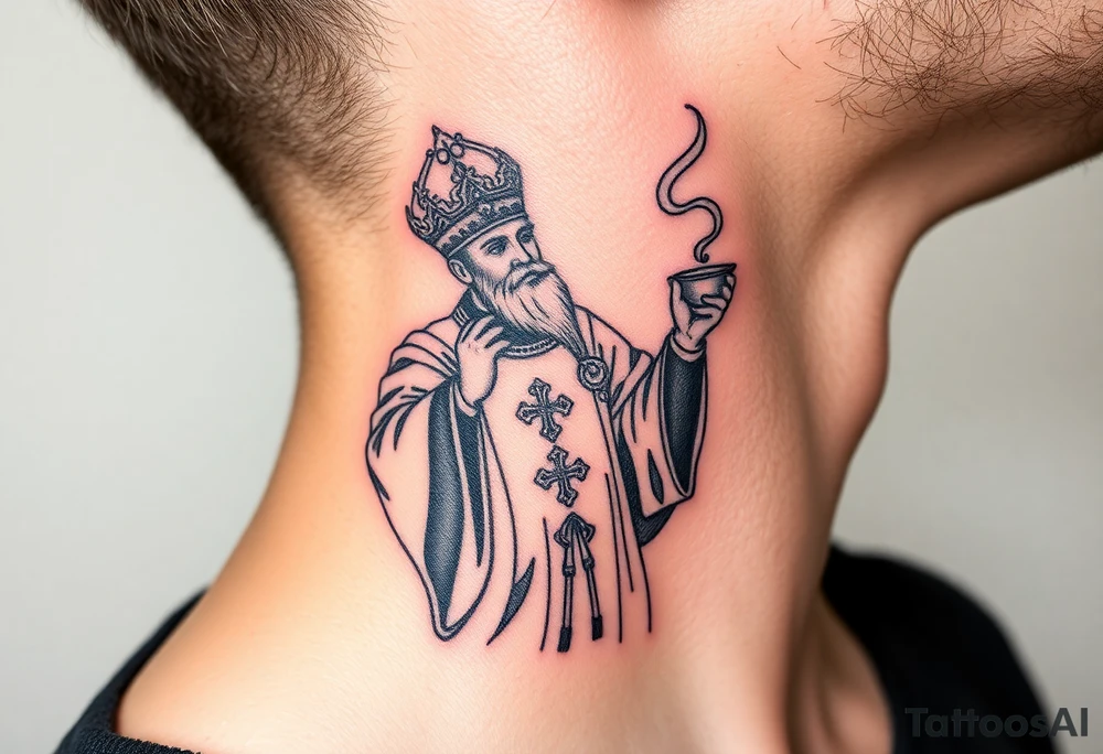 Russian Orthodox Priest in a fully detailed gold vestment swinging a censer with smoke curling upward tattoo idea