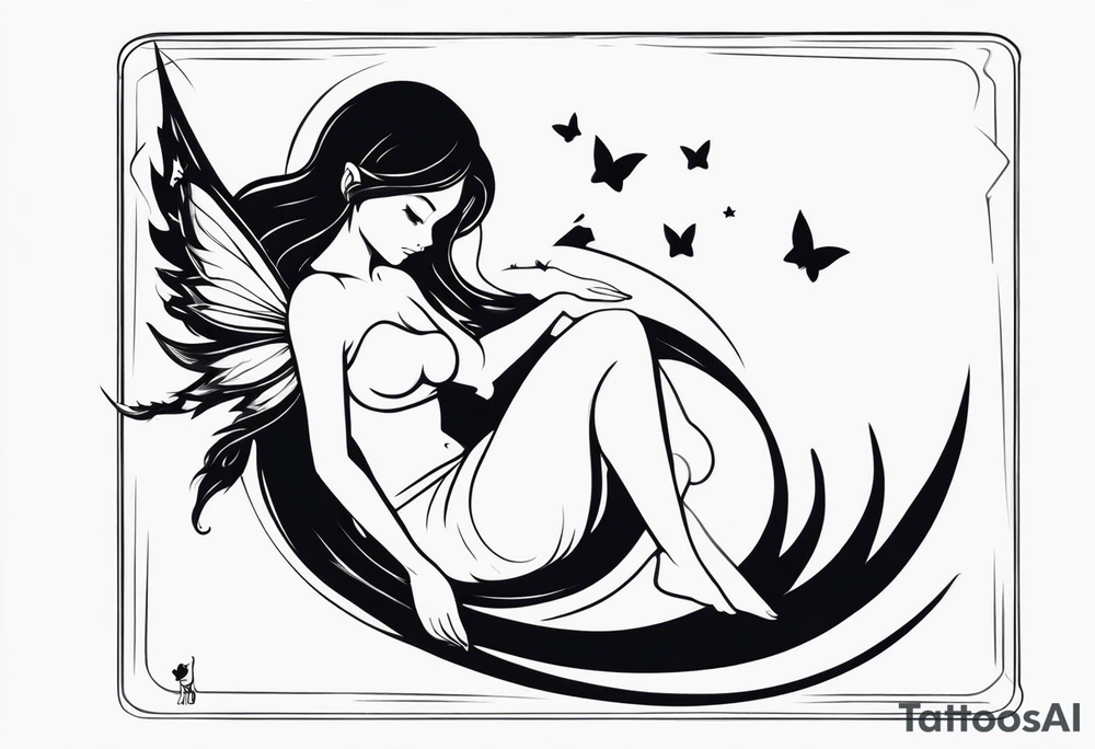 Minimalistic, monochromatic fairy with a tail flying to the left in a fetal position, leaning and looking in the same direction, with visible hands, embodying the 'Fairy Tail' logo aesthetic. tattoo idea