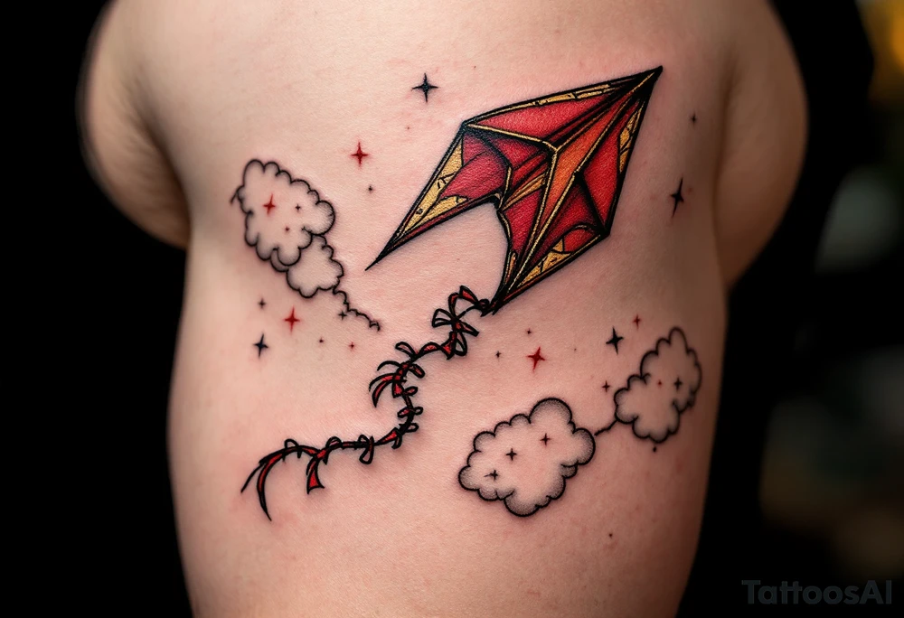 A red and gold kite soaring high over clouds, capturing childlike freedom and joy. tattoo idea