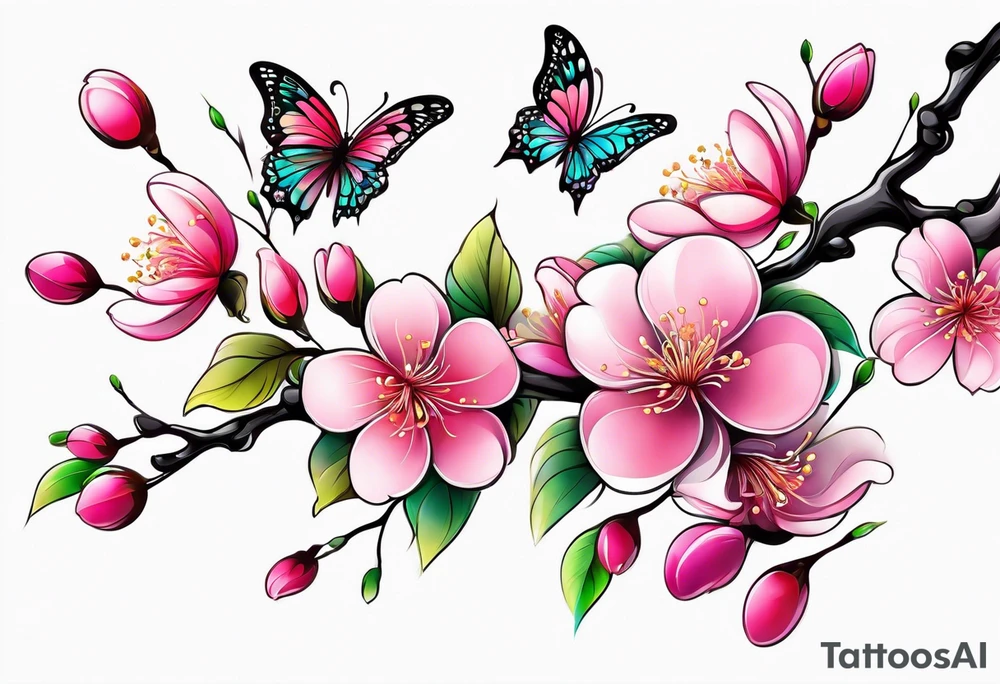 Vibrant, pink plum blossom branches with colorful butterflies tattoo idea