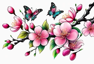 Vibrant, pink plum blossom branches with colorful butterflies tattoo idea