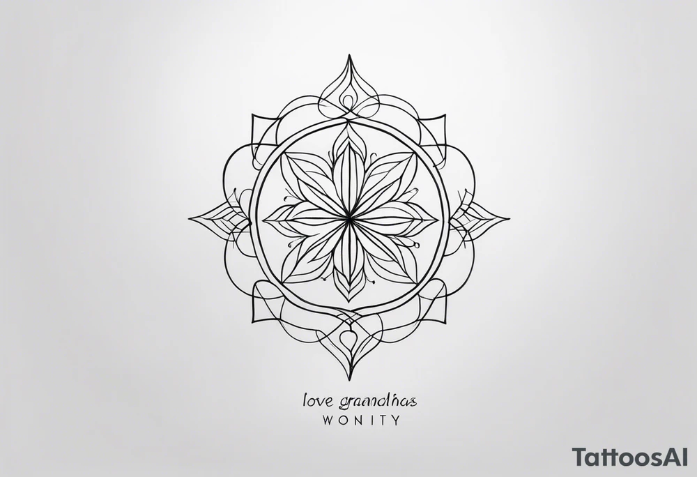 Minimalist tattoo design with thin, delicate lines, inspired by the emotional strength and familial connection. It should convey love, tranquility, and resilience, representing the influence of two grandmothers, a mother, two sisters, and a father in the user’s life. The design should evoke unity, respect, and the emotional strength these individuals provide, maintaining a clean and elegant style. Preferably in black ink, ideal for expressing a deep and meaningful bond, suitable for placement on the forearm or chest. tattoo idea