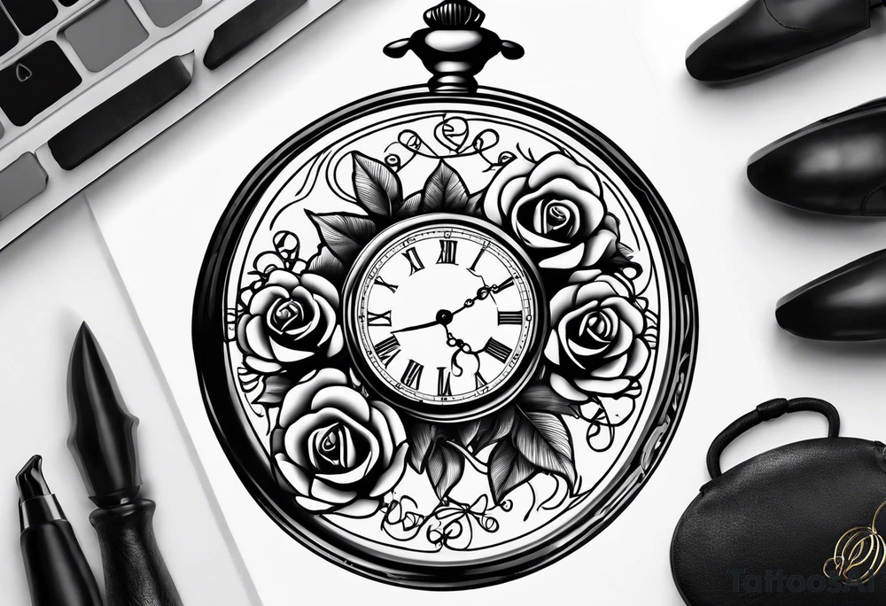 Pocket watch with chain and roses tattoo idea