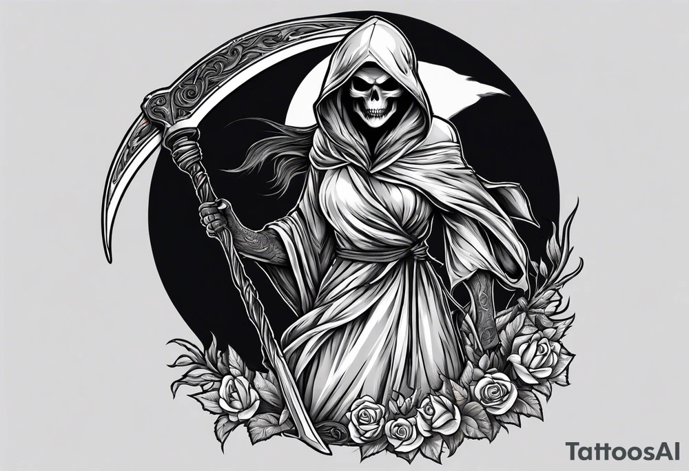 A female werewolf grim reaper holding a scythe tattoo idea