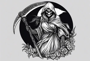 A female werewolf grim reaper holding a scythe tattoo idea