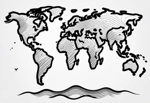 world map, coordinates lines, airplane flying, chip cargo on waves tattoo idea