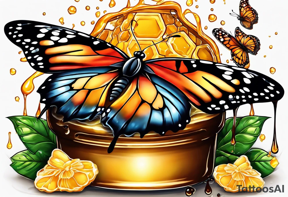 A beautiful butterfly over a pot of honey with drips of honey around the rim tattoo idea