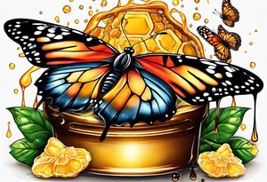 A beautiful butterfly over a pot of honey with drips of honey around the rim tattoo idea