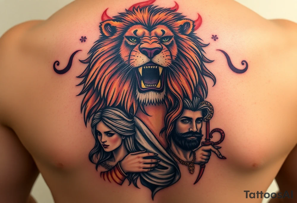 Roaring Leo lion holding virgo woman with robe and wavy hair, add Sagittarius female and Capricorn male below these tattoo idea