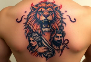 Roaring Leo lion holding virgo woman with robe and wavy hair, add Sagittarius female and Capricorn male below these tattoo idea