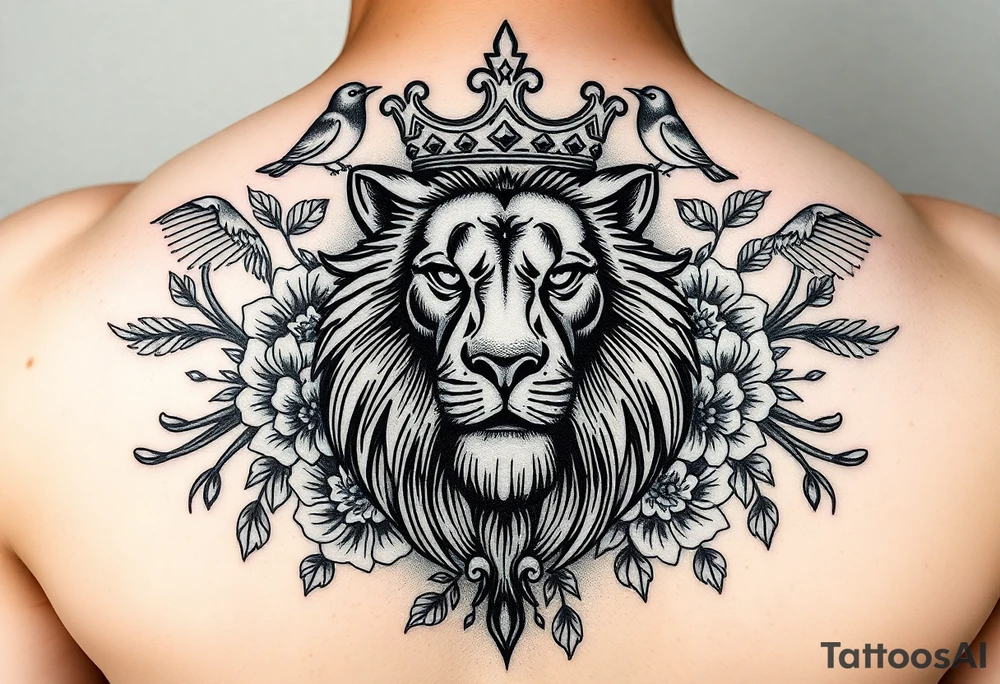 powerful majestic lion with a crown, surrounded by floral ornaments and birds tattoo idea