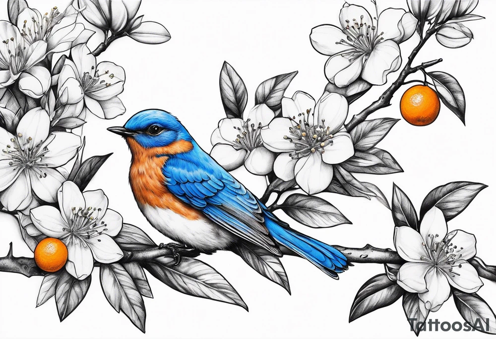 bluebird flying off of branch with orange blossoms tattoo idea