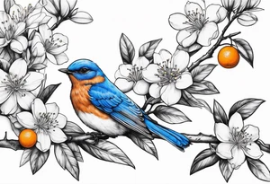 bluebird flying off of branch with orange blossoms tattoo idea