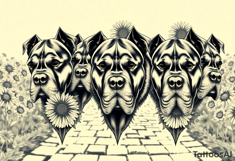 Multiple very thick muscled up pitbulls' portraits fading into the background as filler incorporate sunflowers, an old road made from pavers tattoo idea
