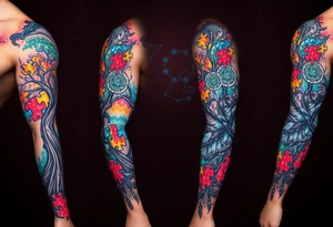 left arm full sleeve to support autism awareness full color and completed filled also include a tree with the autism puzzle as leaves to start the sleeve tattoo idea