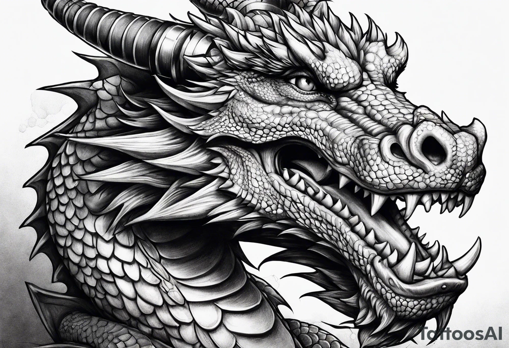 Dragon with dumbbell in mouth tattoo idea