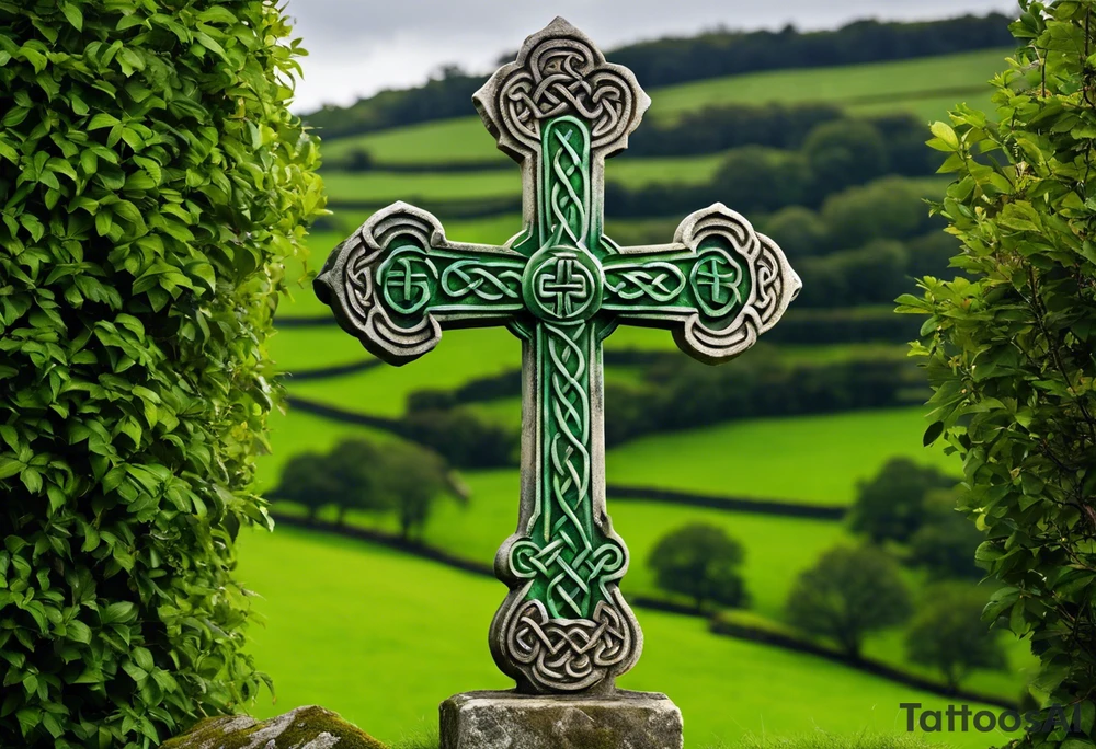 A large, weathered stone Celtic cross standing proudly atop a lush green hill, its four arms stretching skyward. The cross is intricately carved with intertwining knots and spirals, reflecting the artistry of the ancient Celts. A large raven sits perched at the intersection of the cross's arms, its ebony feathers gleaming in the soft light. The bird's eyes seem to hold a wisdom beyond its years, as if it has been witness to countless generations come and gone. tattoo idea