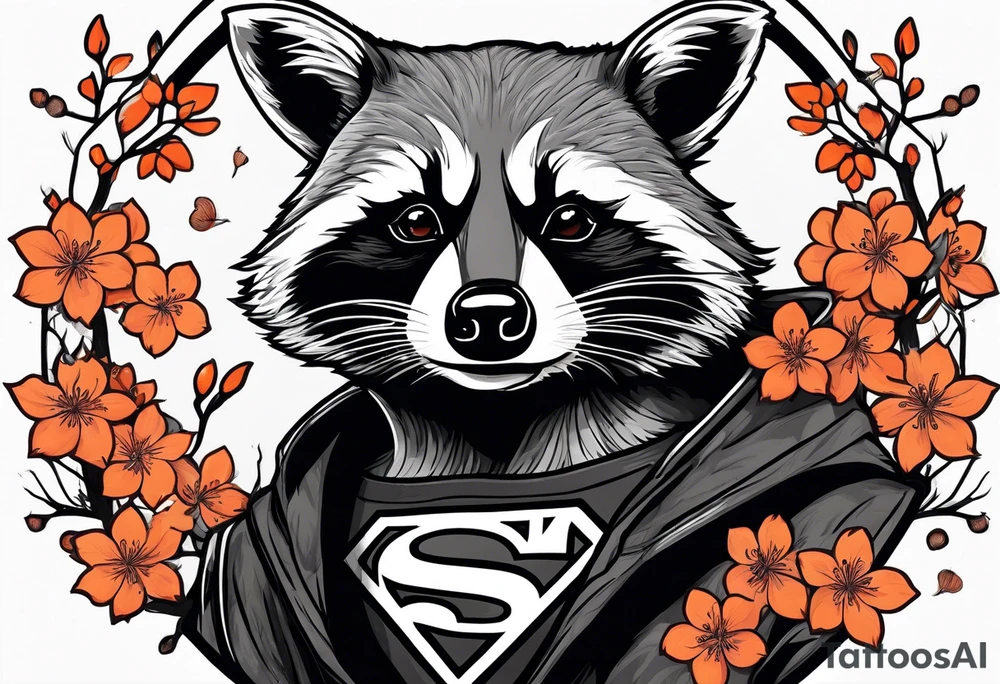 Raccoon wearing a white Superman logo on a black hoodie and orange Japanese cherry blossoms tattoo idea