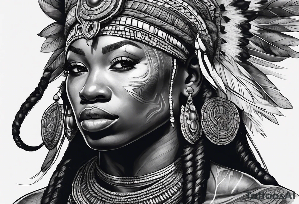 guerreiro Ogun africano realista de corpo inteiro em preto e cinza com tons de azul
 no fudo de savana tattoo idea