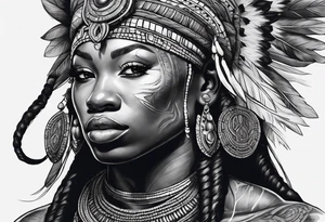 guerreiro Ogun africano realista de corpo inteiro em preto e cinza com tons de azul
 no fudo de savana tattoo idea