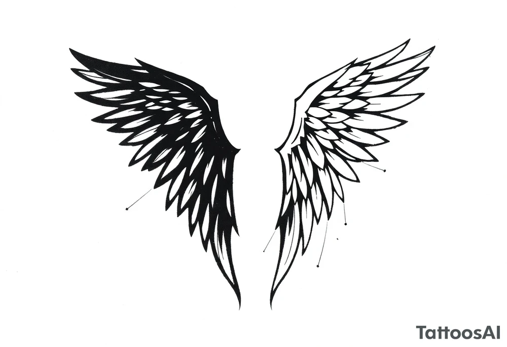 This tattoo design features a pair of asymmetrical angel wings drawn in black ink with a rough, sketch-like style. The left wing is darker, more defined, and appears denser, while the right wing is lighter, more delicate, and fragmented, creating a contrast between the two. The feathers are sharp and irregular, with fine lines and stray strokes extending outward, adding a raw and artistic feel. The overall look is dynamic and slightly chaotic, giving the impression of movement or an unfinished, ethereal form. This design symbolizes duality, freedom, transformation, or even struggle, making it a meaningful and visually striking tattoo. tattoo idea
