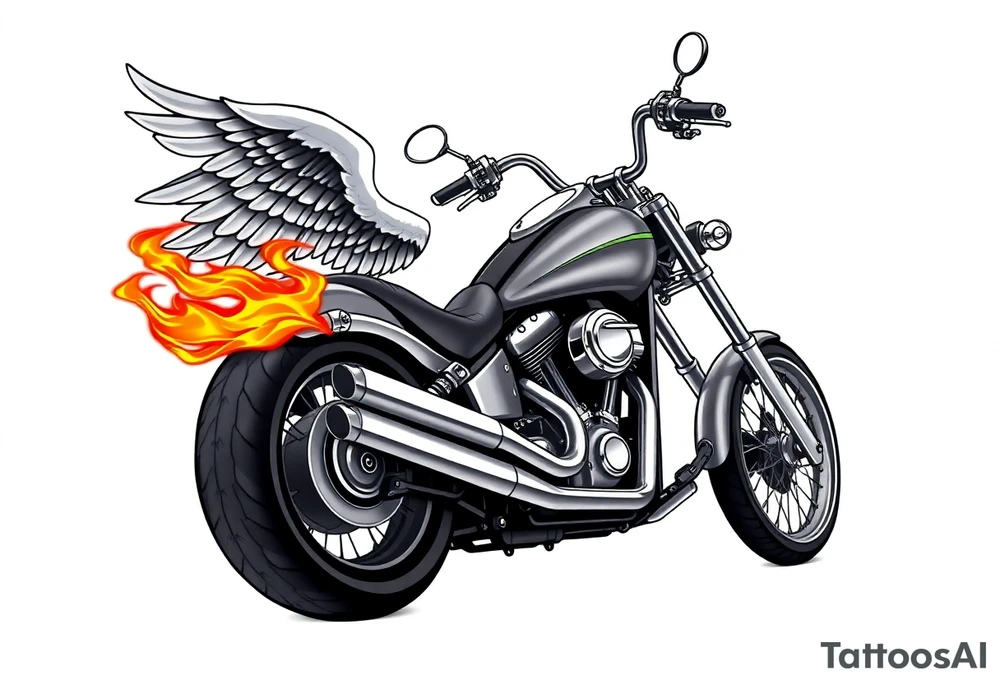 Low rider grey motorcycle, big muffler pipes with flames, angel wings, driving away, no person tattoo idea