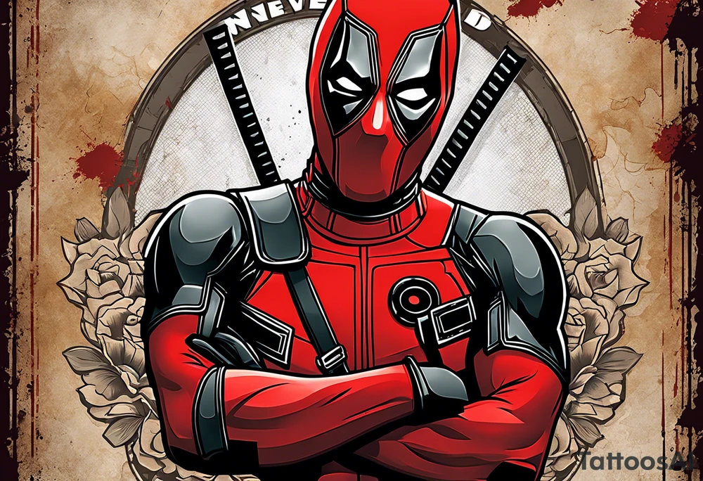 Banner with Text: A worn, dark banner wraps around Deadpool with the phrase "NEVER DEAD" in bold, cracked letters that give a strong and aggressive impression. The banner has small torn details, as if it’s been through rough conditions, with shading that adds depths. tattoo idea