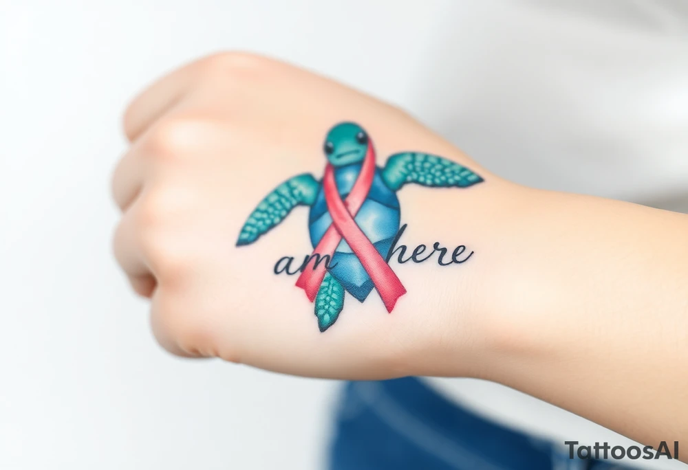I am here pink ribbon sea turtle theme tattoo idea