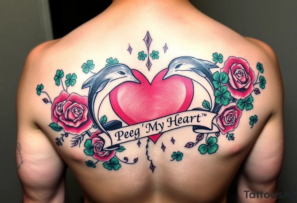A lot of green shamrocks & red roses, dolphins with a big Pink heart and a banner across the heart that says Peg 'o My Heart tattoo idea