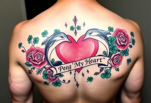 A lot of green shamrocks & red roses, dolphins with a big Pink heart and a banner across the heart that says Peg 'o My Heart tattoo idea