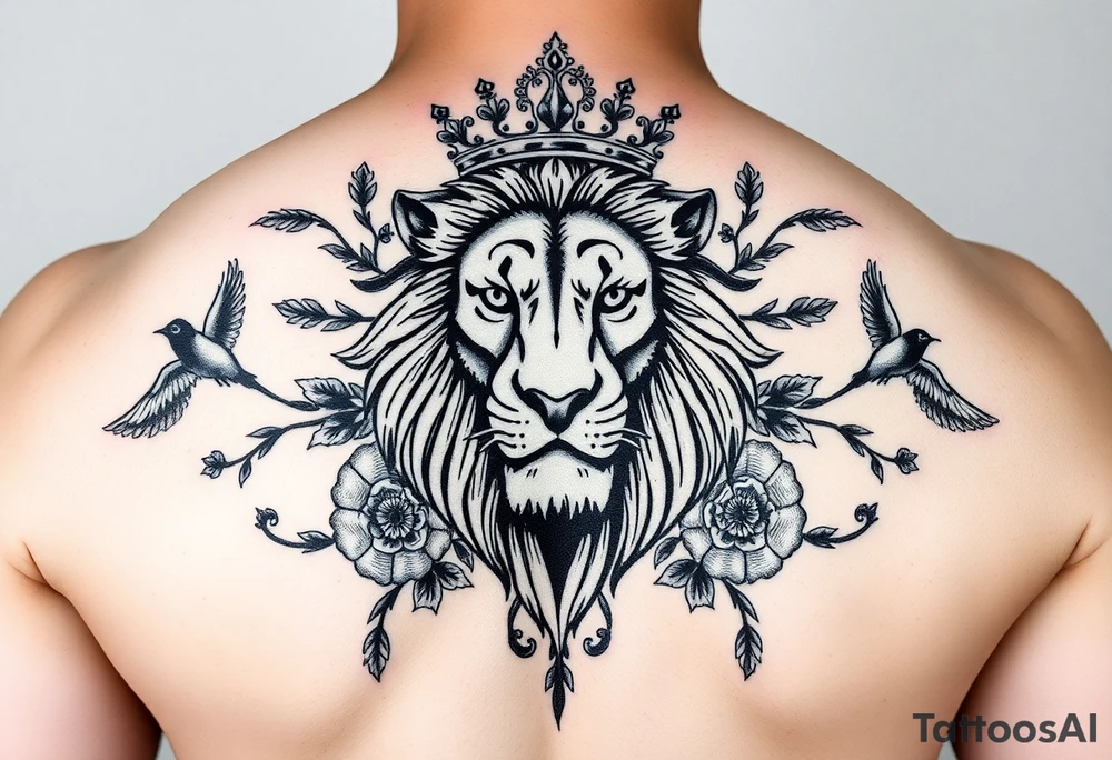powerful majestic lion with a crown, surrounded by floral ornaments and birds tattoo idea