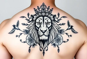 powerful majestic lion with a crown, surrounded by floral ornaments and birds tattoo idea
