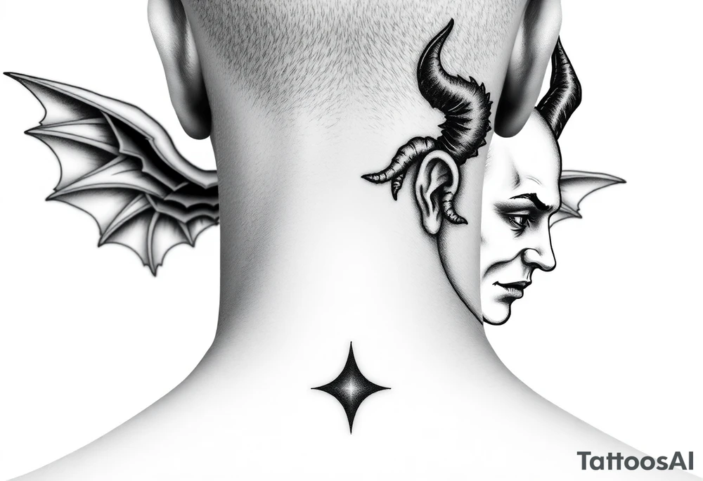 position behind the neck Angel (on the right) whispering in the right ear, demon (on the left) whispering in the left ear. It must be as realistic as possible. tattoo idea