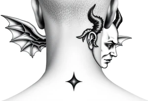 position behind the neck Angel (on the right) whispering in the right ear, demon (on the left) whispering in the left ear. It must be as realistic as possible. tattoo idea