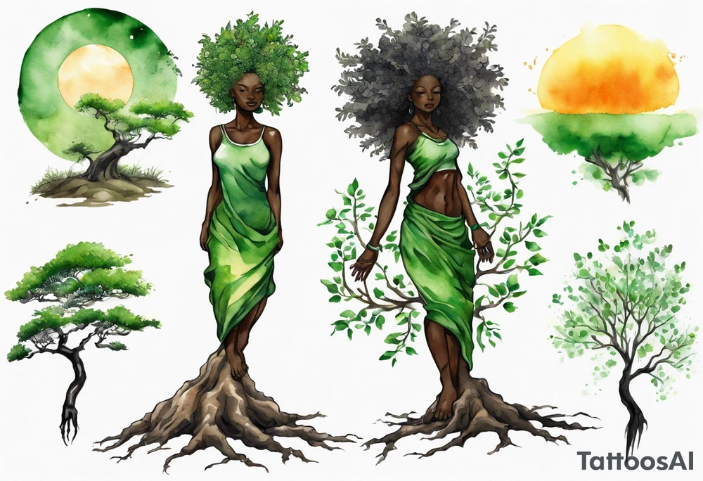 A solitary tree woman with dark skin with green eyes with feet planted in the dirt and branch arms reaching up towards the sun tattoo idea
