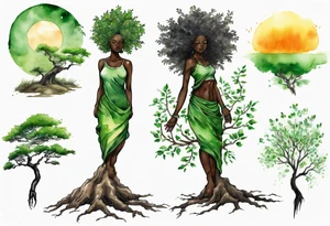 A solitary tree woman with dark skin with green eyes with feet planted in the dirt and branch arms reaching up towards the sun tattoo idea