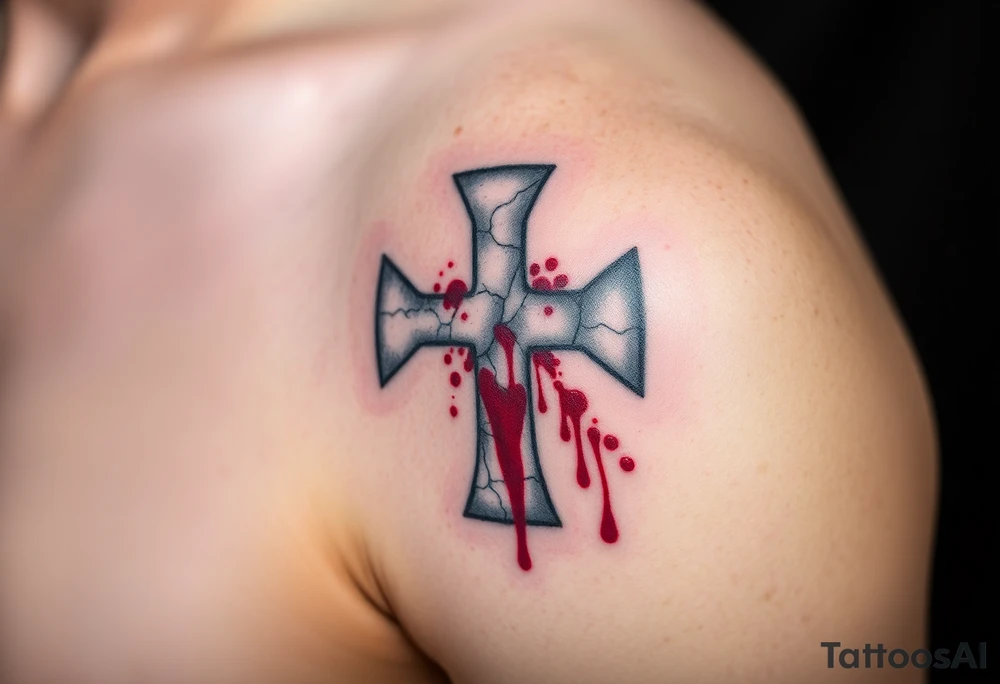 A cracked stone Templar cross with blood splatters, evoking the battle-worn history of the Knights Templar tattoo idea