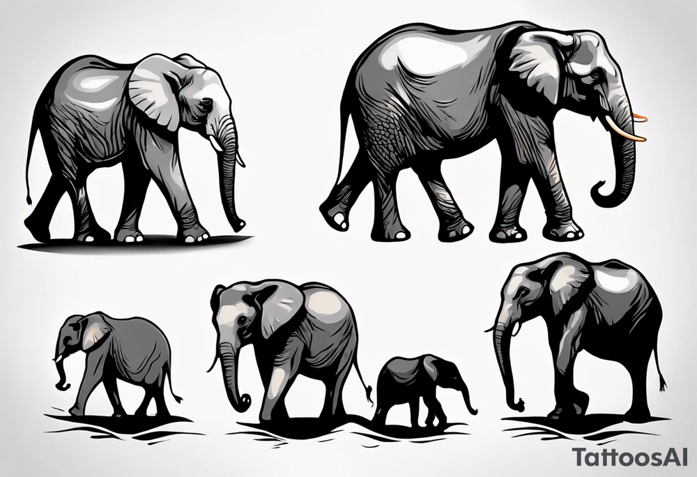 family of 6 elephants walking into sunset tattoo idea