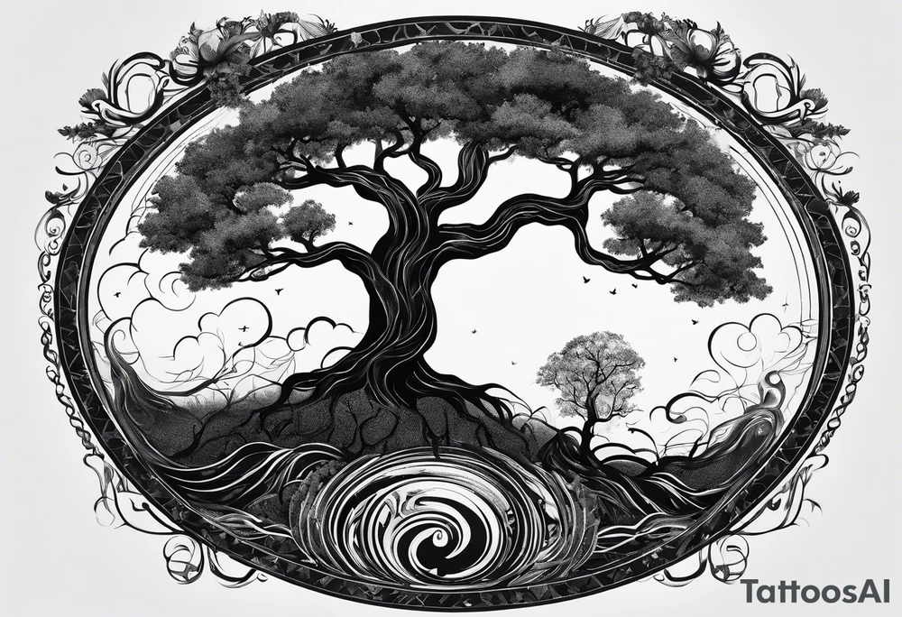 circle of life tree
the roots of the tree wrapped around a planet
the planet is below the tree
the roots of the tree are wrapped around the planet tattoo idea