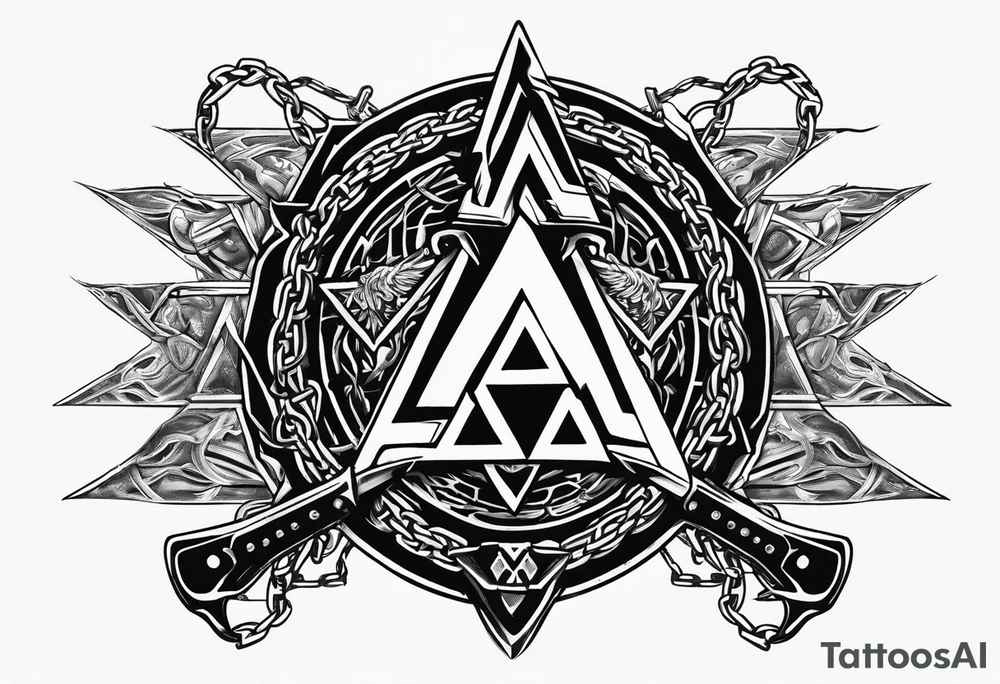 Valhalla sword shield axe barbed wire chains valknut fire tattoo idea