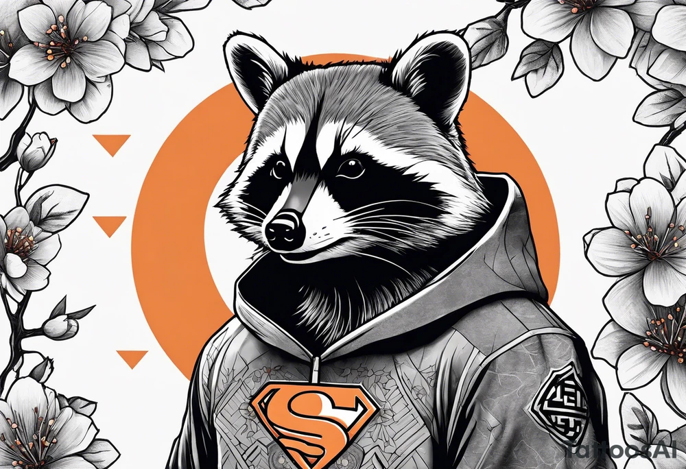 raccoon wearing a Superman hoodie with orange Japanese cherry blossoms tattoo idea