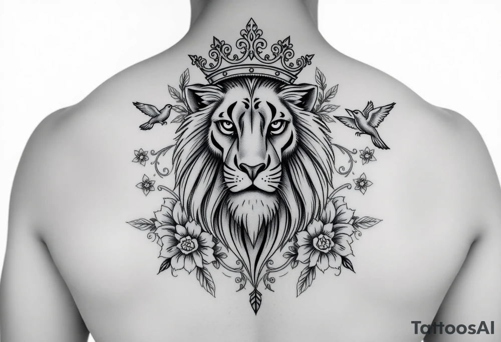 powerful majestic lion with a crown, surrounded by floral ornaments and birds tattoo idea