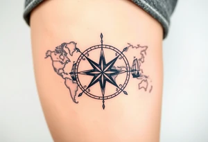 antique compass rose overlaid on weathered world map with sailing ships tattoo idea